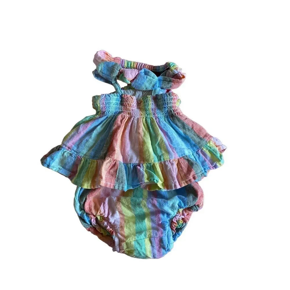 Gap baby linen cotton blend striped three piece outfit, 6/12 months